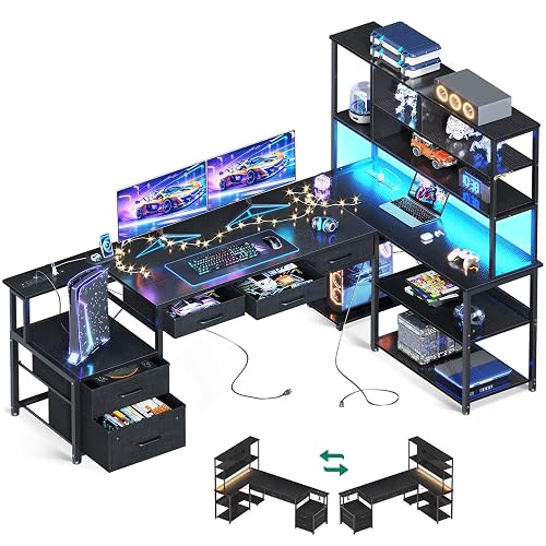 AODK 79 inch L Shaped Desk with 5 Drawers, LED Light & 2 Power Outlets | Reversible Black L Shaped Gaming Desk, Computer Desk with Storage Shelves for Home Office