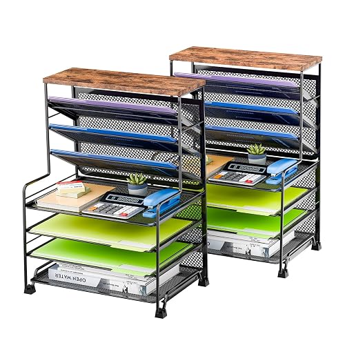 Simple Trending 7 Tier Desk File Organizer, 2 Pack Letter Tray Paper Organizer, Mesh Desk Accessories File Folder for Office, Home or School, Black