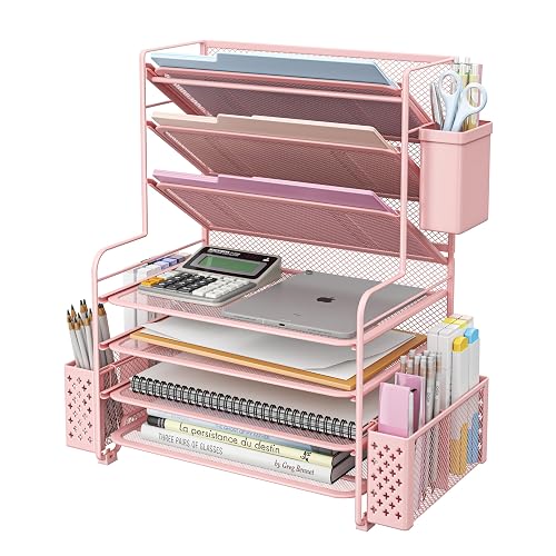 Simple Trending 7 Tier Desk File Organizer, Letter Tray Paper Organizer with Pen Holder and Metal Hanging Basket, Pink