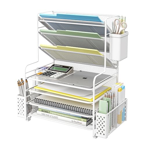 Simple Trending 7 Tier Desk File Organizer, Letter Tray Paper Organizer with Pen Holder and Metal Hanging Basket, White