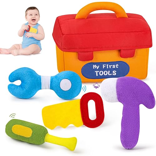 My First Tools Box, Soft Sensory Tools for Baby Toys 0-12 Months | Plush Toy with 4 Rattle Toys, Newborn Toys for 0-3-6-9-12 Month, 1st Birthday for Baby Boys Girls Gifts