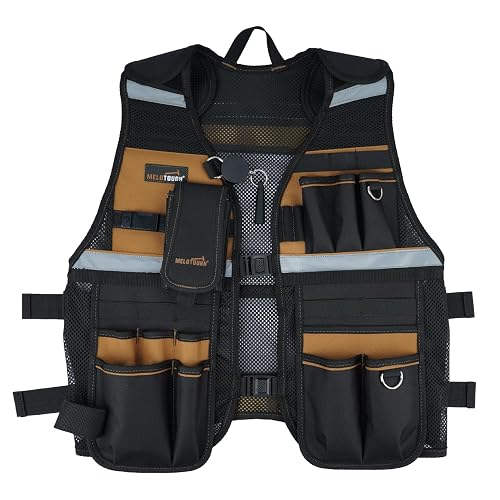 MELOTOUGH Tool Vest for Men Reflective Safety Tool Vest with Adjustable Straps,Removable Phone Holder for Electrical,Carpenters,Construction(Khaki)