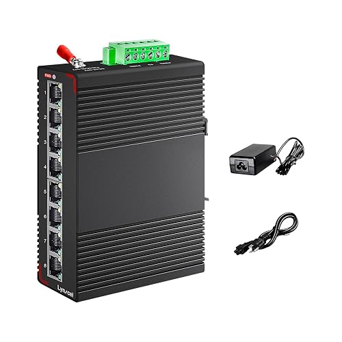 Lynxcel 8 Port Gigabit DIN-Rail Industrial Ethernet Switch, 16Gbps Switching Capacity, 10/100/1000Mbps Unmanaged Network Switch, IP40 Rated (-40 to 185°F) with One UL AC Power Supply