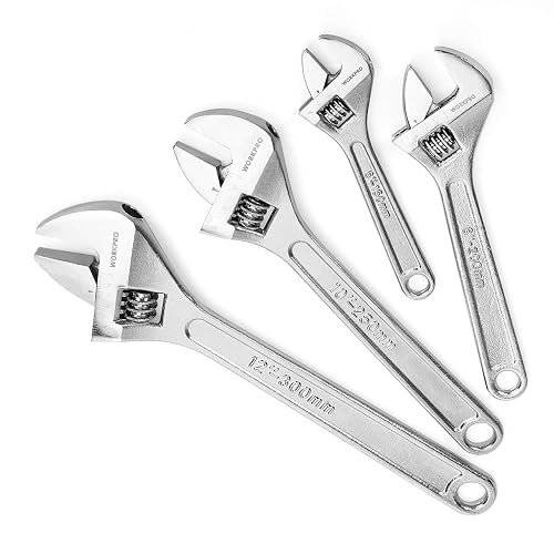 WORKPRO 4-Piece Adjustable Wrench Set, 6"-12", Carbon Steel, Chrome Plated | SAE & Metric Scales, Heat-Treated Construction, Precision Jaw, Smooth Adjustment for DIY, Auto Repair and Plumbing