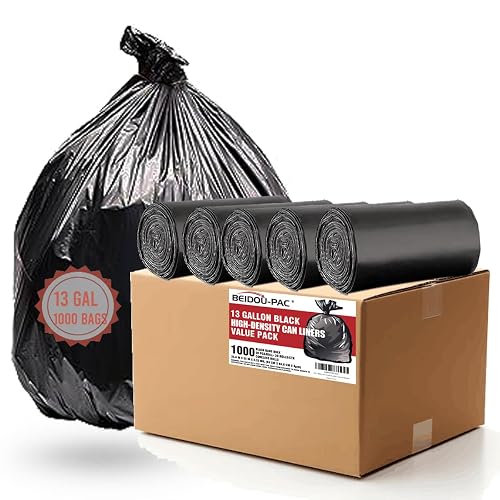13 Gallon Trash Bags, 1000 Count Bulk Value Pack, Black Tall Kitchen Garbage bags, Multi-purpose Trash Can Bin Liners for Bathroom, Office, Industrial, Commercial, Janitorial, Municipal, Recycling