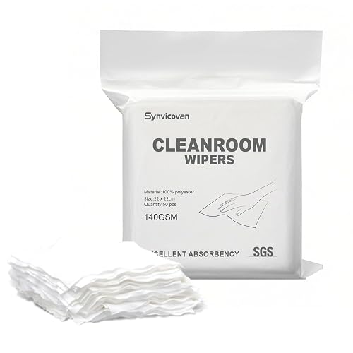 Synvicovan Cleanroom Cloth Wipes 22×22cm,140GSM,Bag of 50 Pcs | 100% Polyester Wipers,Lint Free Cloths with Ultra-fine Filaments,Ultra-Soft Wipers,for Lab Electronics Auto and Industries