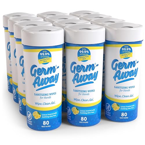 Germ-Away Antibacterial Hand Wipes, Kills 99.9% of Germs on Skin, BZK Hand Sanitizing Wipes with Aloe Vera, Lemon Scent, 80 Count Each, Pack of 12