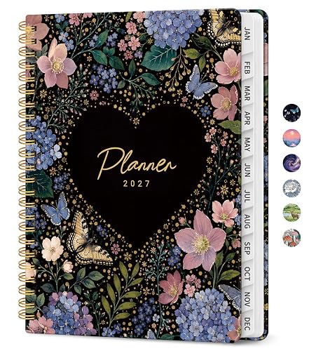 ZOTIA 2027 Planner, Jan 2027 - Dec 2027 Monthly & Weekly Calendar Planner | 6.3" x 8.5", Midnight Petals Daily Agenda Planner with Tabs, Spiral Organizer for Office & School