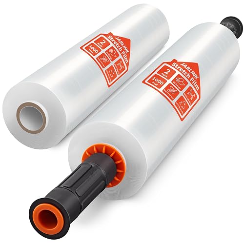 JARLINK Stretch Film, 15" x 1000' Shrink Pallet Wrap W/Handles, 60 Gauge | 2 Pack Clear stretch wrap Rolls, Industrial Strength Heavy Duty Plastic Stretch Wrap Moving, Packing, and Shipping
