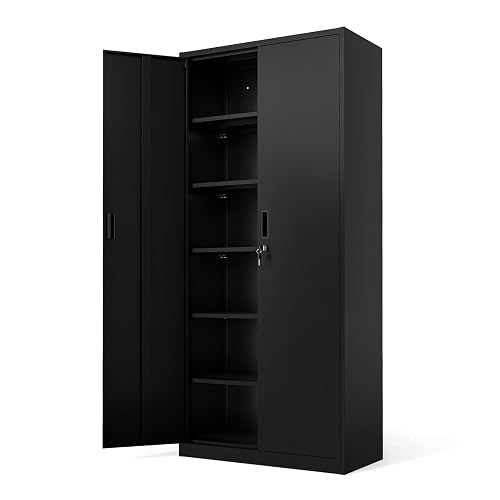 VINGLI Metal Garage Storage Cabinet with 2 Doors and 5 Adjustable Shelves, 71" Tall Steel Lockable File Cabinet, Locking Tool Cabinets for Home Office Garage Gym School (Black)