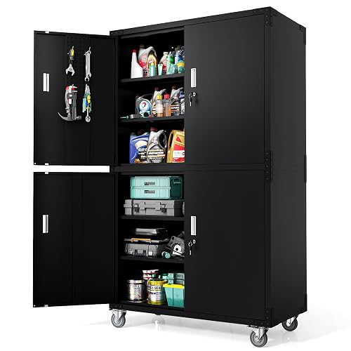 VINGLI Large Garage Storage Cabinet with 4 Doors, Upgraded Height & Wide & Deep, 43''W x 23''D x 75''H, Oversized Metal Storage Cabinet with Pegboards Wheels Locks and Adjustable Shelves (Black)