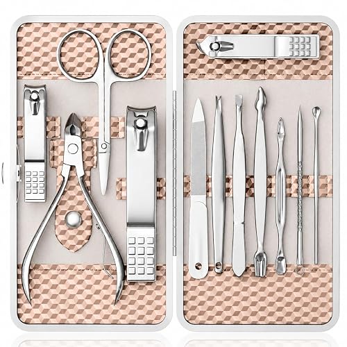 Manicure Set, Stainless Steel Nail Clipper Set with Luxurious Travel Case | 12-Piece Set with Thicker Steel, Precision-ground Cutting Edges, and Smooth-finished Tools for Clean, Precise Trimming.