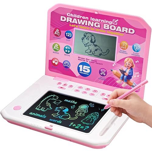 Happiegg Kids Laptop with LCD Drawing Board: 2-in-1 Learning Toy, Ages 3+ | Learn Alphabet, Words, Math, Games & Music, Watch & Draw, Portable Educational Toy for Boys Girls, Birthday & Christmas, Pink