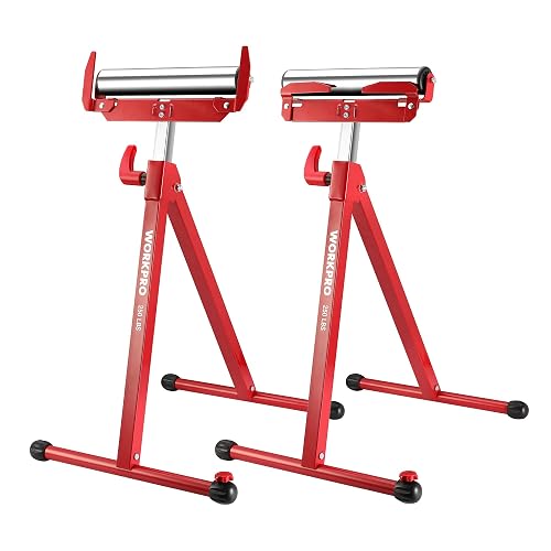 WORKPRO Folding Roller Stand Height Adjustable, Heavy Duty 250 LB Load Capacity, Outfeed Woodworking (Upgraded head), 2PCS