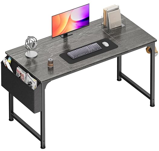 PRAISUN 47''  Computer Desk with Fabric Storage Bag & 2 Hooks | Office Desk with Durable Desktop, Gaming Desk, Writing Work Study Desk for Bedroom, Home Office, Grey