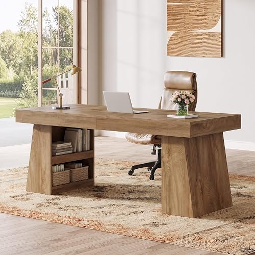 Tribesigns 55-Inch Computer Desk with Drawer and Storage Shelves | Wooden Executive Desk for Home Office with Double Pedestal, Modern Simple Writing Table Workstation Business Furniture, Brown