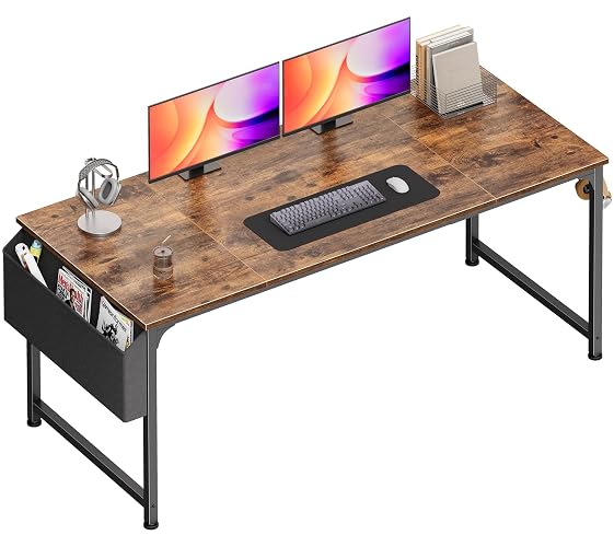 PRAISUN 63''  Computer Desk with Fabric Storage Bag & 2 Hooks | Office Desk with Durable Desktop, Large Gaming Desk, Writing Work Study Desk for Bedroom, Home Office, Rustic Brown
