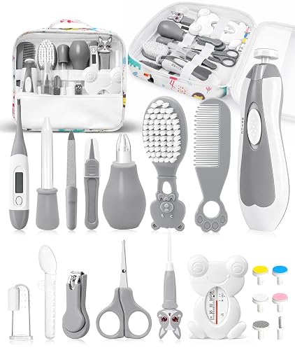 Baby Healthcare and Grooming Kit, Electric Safety Nail Trimmer Baby Nursery Kit, Newborn Care Kits with Hair Brush Comb for Newborn Infant Toddlers Baby Boys Girls Kids, Baby Shower Gifts (Grey)