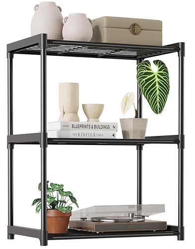 Tujurich 3-Tier Storage Shelves with Plastic Connectors – Metal Shelf Organizer for Pantry, Closet & Bathroom, Space-Saving Sturdy Shelving Unit Rack, Black, 17.3" x 12.8" x 28.9"