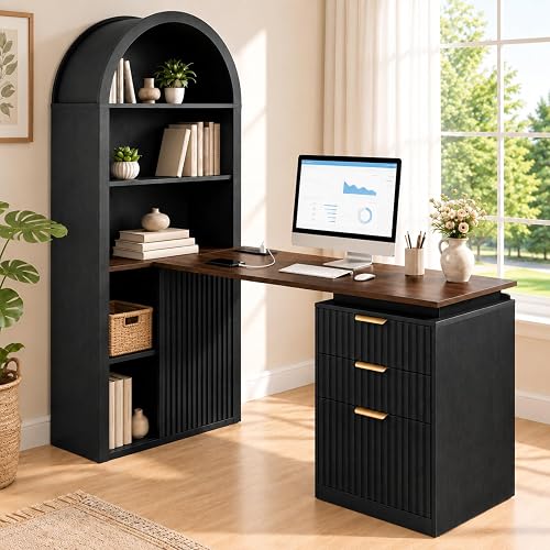 NORTHSKY 61" L Shaped Desk with Arched Bookshelf Hutch, Black Corner Computer Desk with Power Outlets, 3 Drawers, File Cabinet and Sliding Door Storage for Home Office