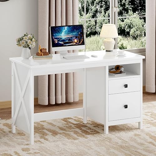 BHG 47.2" Farmhouse White Desk with Drawers,Computer Desk for Home Office | Writing Table PC Desk for Study,Computer Workstation,Makeup Vanity Desk with Storage,Bedroom,Living Room