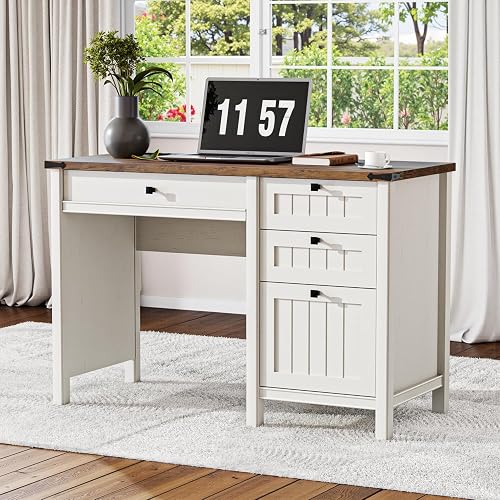 GlowVitaHome White Farmhouse Desk 45" with 4 Drawers & Charging Station | Small Computer Desk with File Drawer & Outlets, Full Extension Storage for Small Spaces, Bedroom, Remote Workers, Students