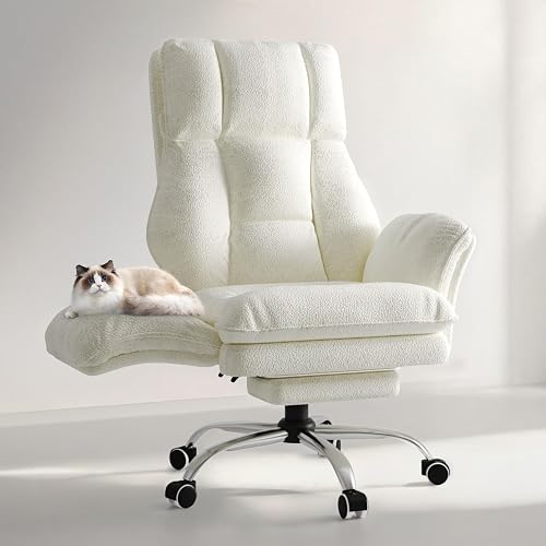 Big and Tall Office Chair, Flip Armrests for Pets & Cross Legged Sitting | Executive Ergonomic Computer Gaming Chair with Foot Rest, Teddy Fleece Wide Seat Reclining Desk Chair, White Vanity Chair