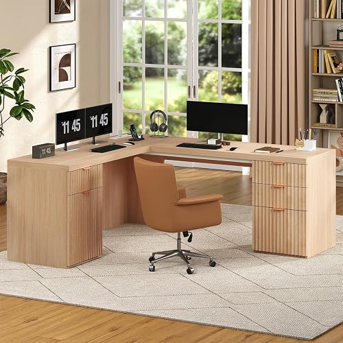 UNIQUITE 69" Fluted L Shaped Executive Desk with Power Outlets & File Drawer, Modern Wood L Shaped Office Desk with Storage Cabinet and Drawers, Large Corner Desk Computer Writing Desk for Home