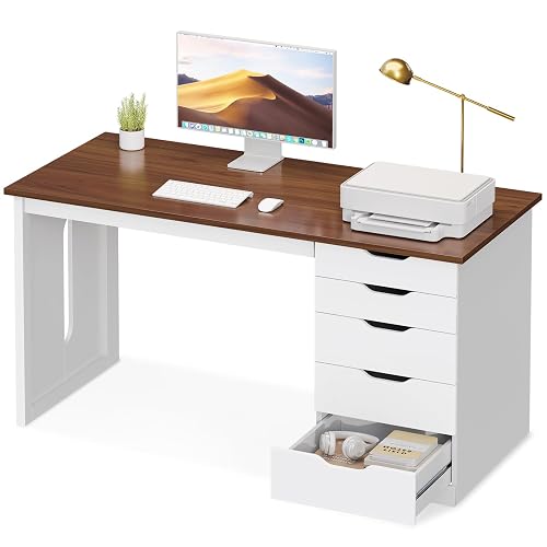 AODK 48 Inch Wood Computer Desk with 5 Wooden Drawers | Home Office Desk with Storage, Writing Study Desk for Bedroom & Small Spaces, Work from Home Desk, Deep Walnut & White