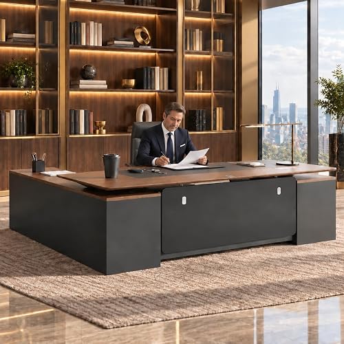 ZIMASYA 79" L Shaped Executive Desk with File Cabinet Drawers Outlet USB, Dual-Motor Supports 276 lbs Adjustable-Height Executive Desk with Privacy Panel for Boss Managers Office Home Walnut & Black
