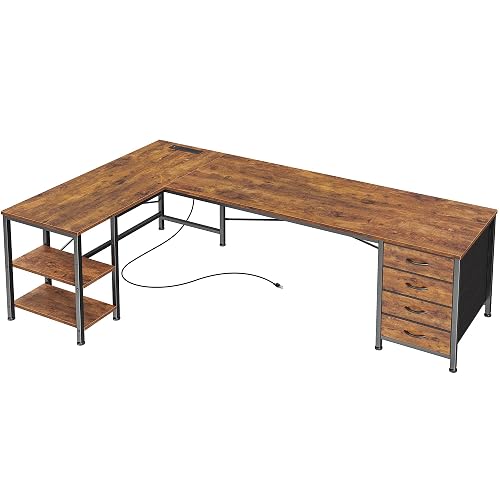 Huuger 63 Inch L Shaped Desk with Fabric Drawers, Computer Office Desk with Power Outlets and USB-C Port, Corner Desk with Storage Shelves, Work Study Home Office, Reversible, Rustic Brown