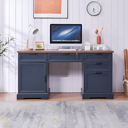 LayBurst 60" Farmhouse Executive Desk with Charging Station,Home Office Desk with 4 Drawers & 1 Cabinet&1 File Cabinet,Main Drawer with Lock,Wood Desk for Office and Home