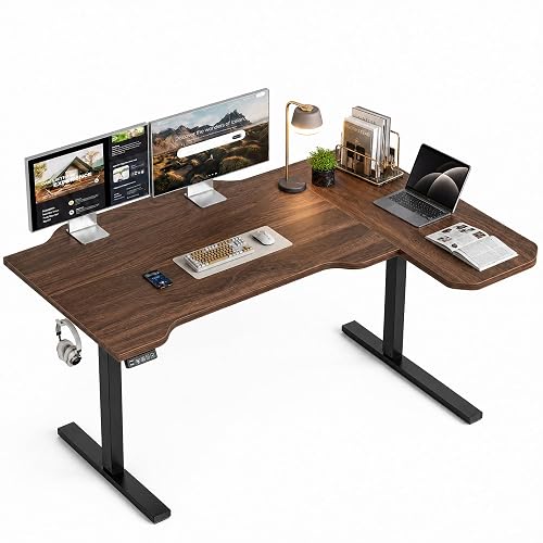 Grandder 47" L Shaped Standing Desk, Electric Height Adjustable Corner Stand Up Desk with Ergonomic Curved Round Corner for Small Apartment Home Office, Walnut Desktop Black Frame