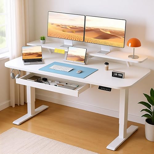 COMHOMA Electric Standing Desk with Drawers, 48 x 24 Sit Stand up Desk with Monitor Stand, Laptop Stand, Height Adjustable Ergonomic Home Office Computer Desk with Memory Preset Controller