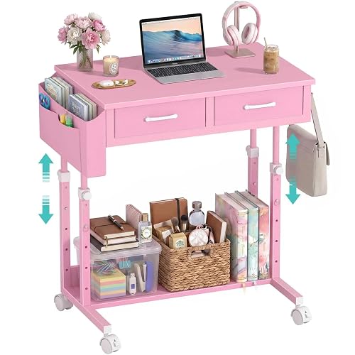 Pink Rolling Desk with Drawers, Small Height Adjustable Girls Standing Desk | 32" Mobile Desk on Wheels & Side Table With Storage Pocket & Bag Hook For Small Space Girls Bedroom Study Writing Art Crafts