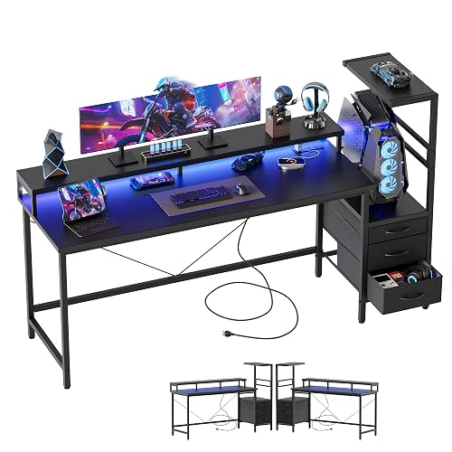 Mericonia 60 inch Gaming Desk with Drawers, Reversible Computer Desk, Black | Gamer Desk with LED Lights, Power Outlets & Monitor Stand, Large Office Table for Home Bedroom Study Work Writing