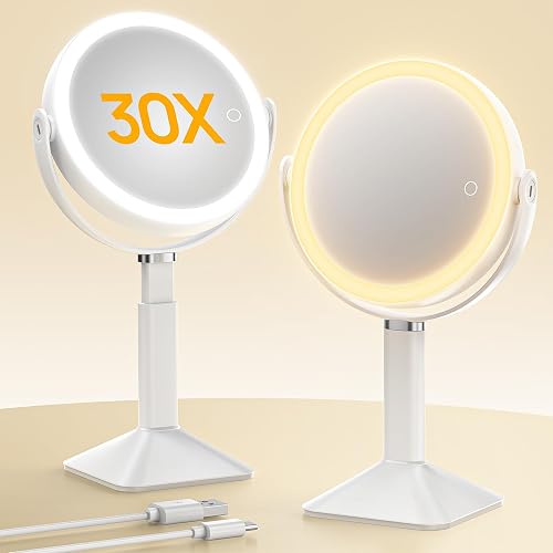 Lighted Makeup Mirror with Lights and Magnification 30X, Adjustable Height | 4000mAh Rechargeable Battery, 3 Colored Dimming Lights, 2-Sided Magnifying Light Up Standing Vanity Mirror for Desk