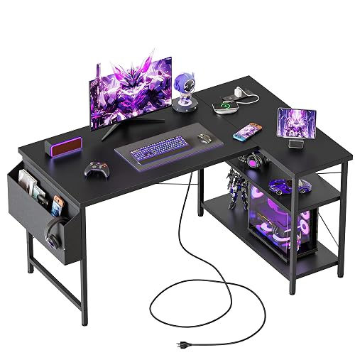Mericonia 47 inch Corner Desk with Shelves, Small L Shaped Gaming Desk | Reversible Computer Desk with Power Outlets & Storage Bag, Office Table for Home Bedroom Study Work Writing