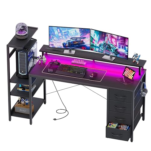 59in Gaming Computer Desk with Drawers & Power Outlet & LED Lights, Black | Reversible Gaming Table, Carbon Fiber, PC Desk with Storage Shelves, Monitor Stand, for Small Space, Home Office