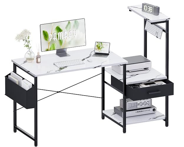 Pamray 50 Inch Small Gaming Computer Desk with Drawers and Shelves | Compact Gaming PC Table with Side Storage Bag & Hooks & Printer Shelf for Home Office Work Study Writing Bedroom
