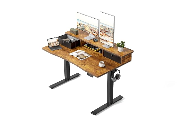 CubiCubi 48 x 24 Inch Electric Standing Desk with 2 Drawers, Brown | Built-in Cable Management, C-Clamp Mount Compatible for Monitor Arm, Height Adjustable Sit Stand Computer Desk