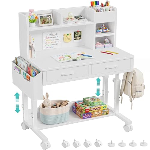 WINAZ White Kids Desk with Hutch, Height Adjustable 32" Small Study Table | Mobile Rolling Desk with Drawers, Storage Shelves, Felt Pin Board, Side Bag & Hooks for Girls Boys Teen Study Writing