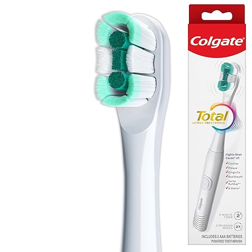 Colgate Total Adult Battery Powered Electric Toothbrush, White, Soft | Includes 2 AAA Batteries, Built-In 2 Minute Timer, 2 Brushing Modes, Powers Away Bacteria, Soft High-Density Bristles