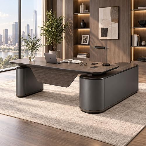 SAINTCY Large Executive Office Desk with File Cabinet, 86.6 Inch Sit & Stand L Shaped Executive Desk, Adjustable Luxury Office Desks for Boss, Business Owners, Managers and Supervisors Return Left