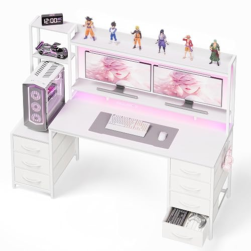 YOUDENOVA 55 Inch White Computer Desk with 7 Drawers & Hutch, Reversible Gaming Desk with LED Lights and Power Outlets, Modern Office Desk Study with Monitor Stand & Hook for Home Office Table, White