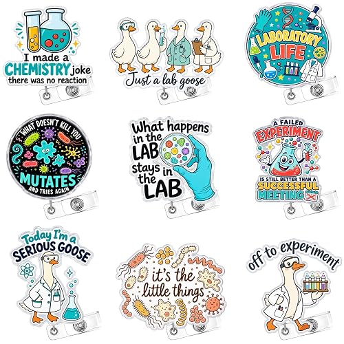 9PC Lab Tech Badge Reel for Medical Laboratory Scientists Lab Week | Cool, Retractable, ID Card, Lanyards, Coat, Science, Scientists, Technician, Themed Accessories, Gifts for Workers
