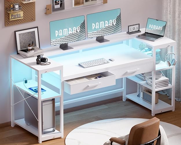Pamray 58 Inch Gaming Computer Desk with Monitor Stand Drawers and Shelves | Ample Storage， Large Table with LED Lights & Power Outlets & USB Ports, Sturdy, Suitable for Gaming Home Office Work Study