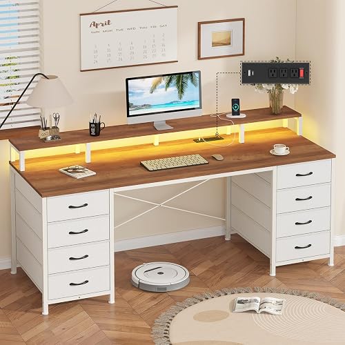 60" Computer Desk with 8 Drawers & Monitor Stand for Home Office, Bedroom | Gaming Desk with LED Lights & Power Outlets, Home Office Desk with 8 Fabric Drawers, Brown & White