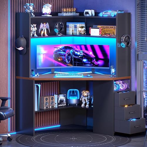 SEDETA 31.5" Corner Gaming Desk with Hutch for Small Space,Black + Brown | Corner Desk with 3 Drawers & LED Lights, Corner Desk with Hutch, Corner Computer Desk with Storage Shelves for Home Office