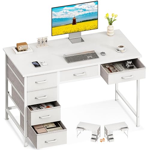 ODK 40 Inch White Computer Desk with 6 Drawers | Small study desk, space saving home office table